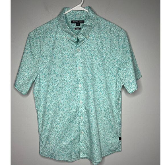 Michael Kors Mens Button Down Short Sleeve Shirt Slim Fit Ditsy Floral Teal Sz M - Picture 1 of 9